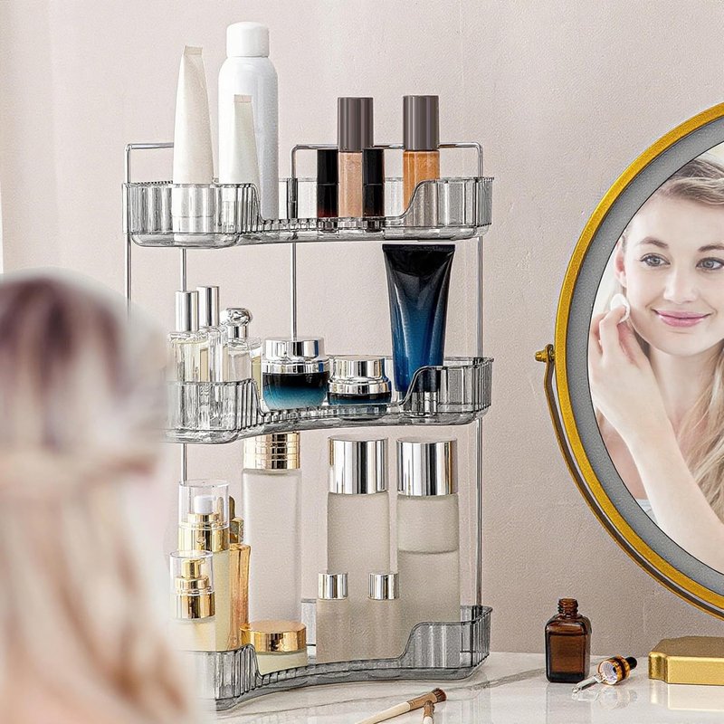 INVSSENE Corner Bathroom Countertop Organizer - 3-Tier Vanity Makeup & Perfume Storage | Smoky Gray