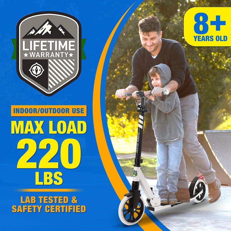 SereneLife Foldable Kick Scooter - Stand Kick Scooter for Teens & Adults with Rubber Grip at Tip, Alloy Deck, Adjustable T-Bar Handlebar Height, Smooth Gliding Wheels, Easy Maneuvering (Black & White)
