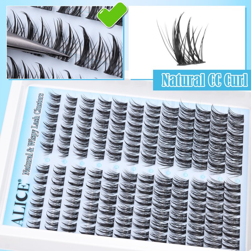 ALICE Natural Lash Clusters Kit Cluster Eyelash Extension Kit Left & Right Fluffy Wispy DIY Lash Extension Kit 144pcs 3D Anime C-Curly Eyelash Clusters Kit with Lash Glue Bond and Seal and Tweezers