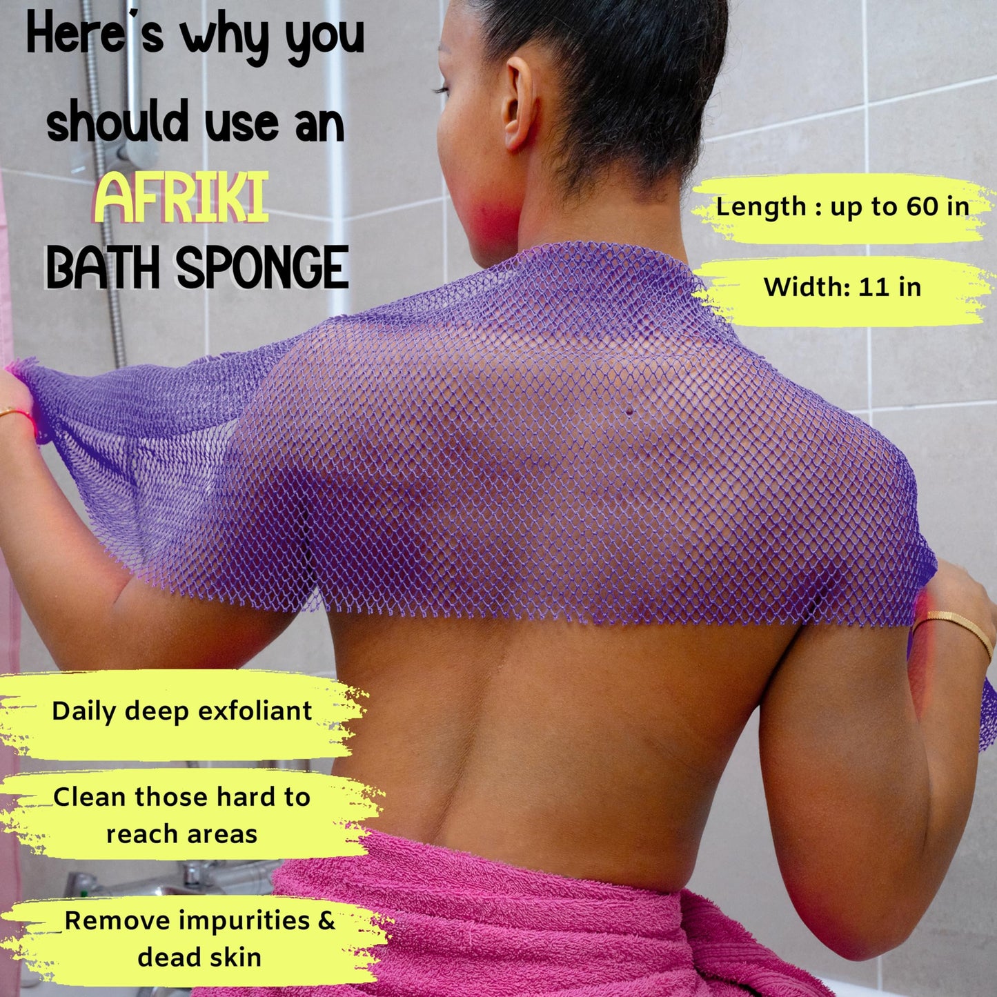 African Net Sponge, Premium Authentic Exfoliating Body Scrubber, Extra Long Stretch Bath Sponge for Shower, Deep Exfoliating Washcloth for Smooth Skin, 2 Pack (Purple & Pink)