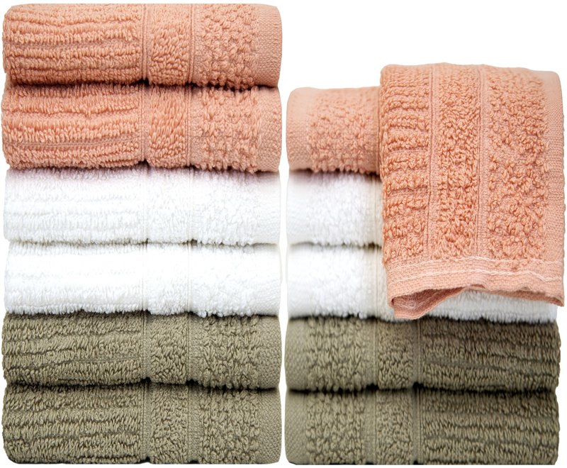 PH Pleasant Home Ribbed Wash Cloths Set - 12 Pack (12” x 12”) – 509 GSM - 100% Ring Spun Cotton Wash Cloth - Super Soft and Highly Absorbent Face Towels (Blush,White & Tan)
