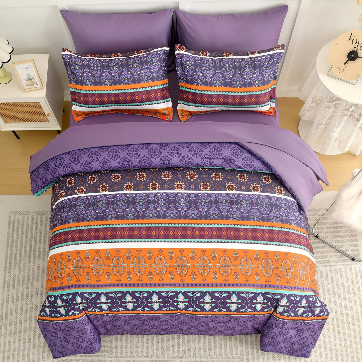 WONGS BEDDING Boho Comforter Set King Size,7 Pieces Bohemian Striped Bedding Comforter Set Bed in a Bag,Purple Paisley Floral Comfortet and Sheet Set,Soft Microfiber Bedding Sets for All Season