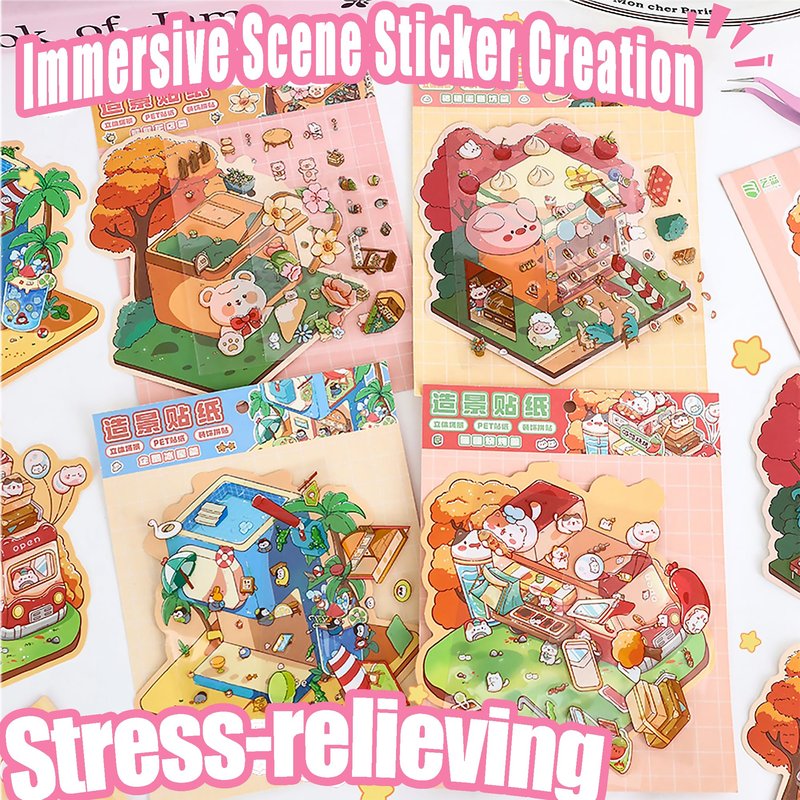 3D Scene Stickers DIY Craft Kit Cartoon Animal House Sticker for Kids Adults with 3 Tweezers Sticker Therapy Stress Relief Gift（4 Sets）