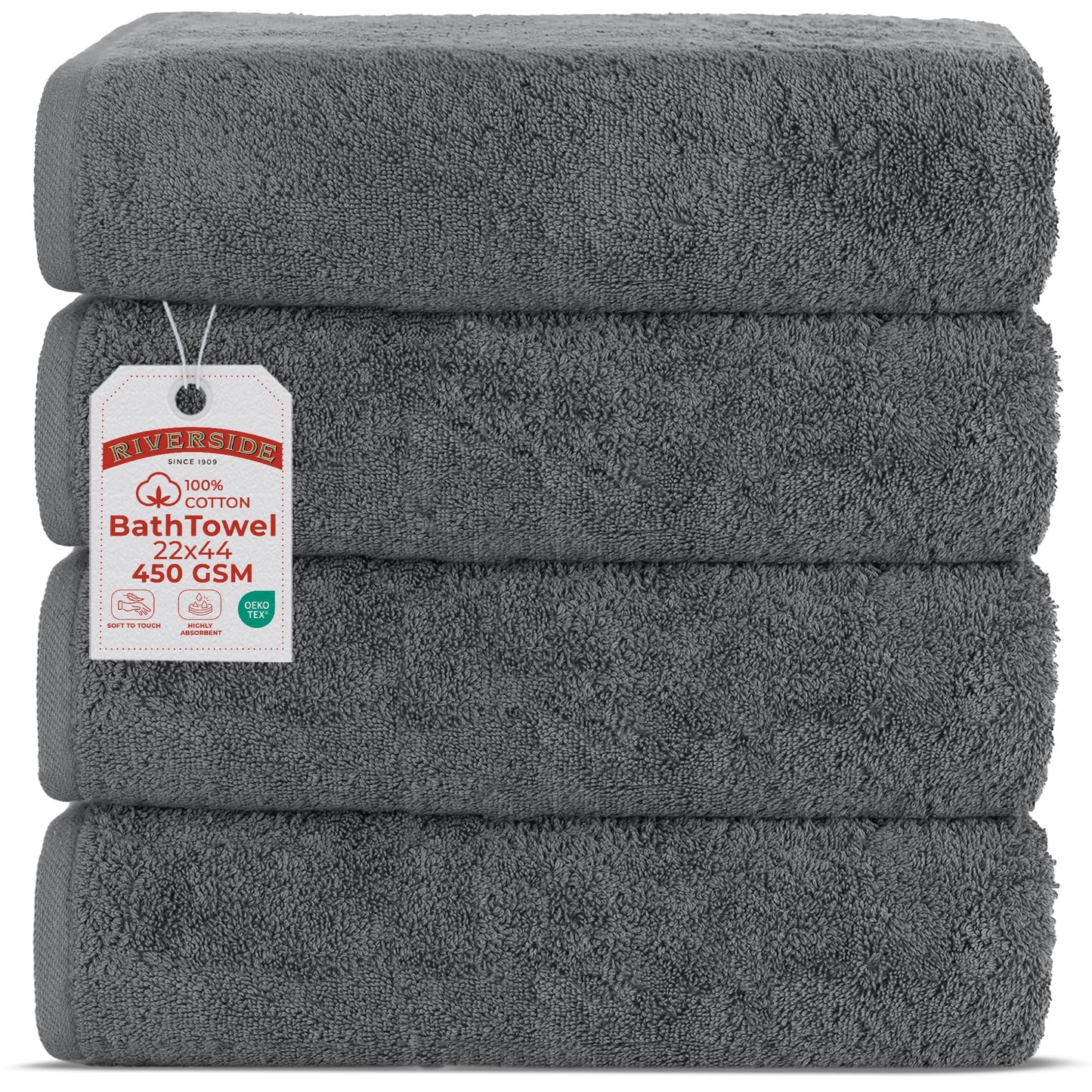 RIVERSIDE 100% Ring-Spun Cotton Bath Towels Set of 4 22 x 44 - Soft, Quick Dry & Highly Absorbent Towels for Shower & Bathroom - 450 GSM Lightweight Cotton Towels for Spa, Gym, Hotel - (Grey)