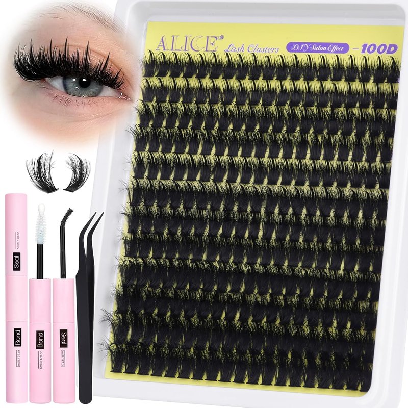 ALICE Eyelash Clusters Kit - 100D Thick Volume with Lash Glue & Tweezers | 228pcs D-Curly Extensions