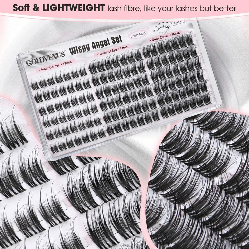 Goddvenus Wispy Natural Lash Clusters 12-14-16mm CC Curl DIY Cluster Eyelash Extensions for Clean Makeup, Individual False Eyelashes Cat Eye Lash Clusters