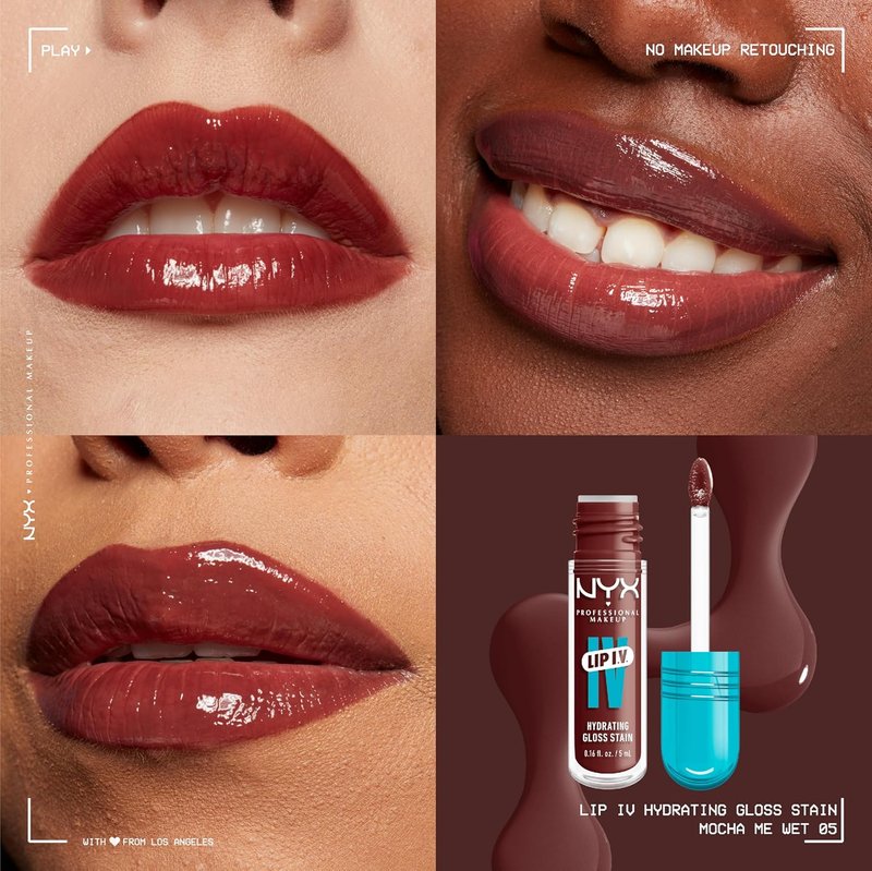 NYX PROFESSIONAL MAKEUP Lip IV Hydrating Glossy Lip Stain - Long-Lasting Vegan Formula with 12 HR Hydration | Mocha Me Wet (Brown)