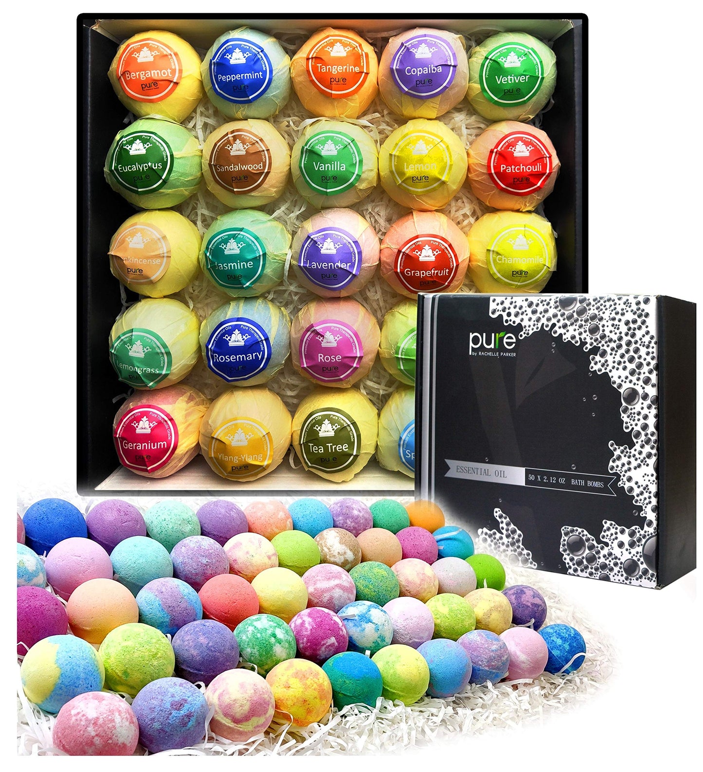 Pure Parker Natural Bath Bombs Bulk 50 Pack with Essential Oils - Moisturizing Gift Set for Women with Shea Butter - Individually Wrapped for Freshness