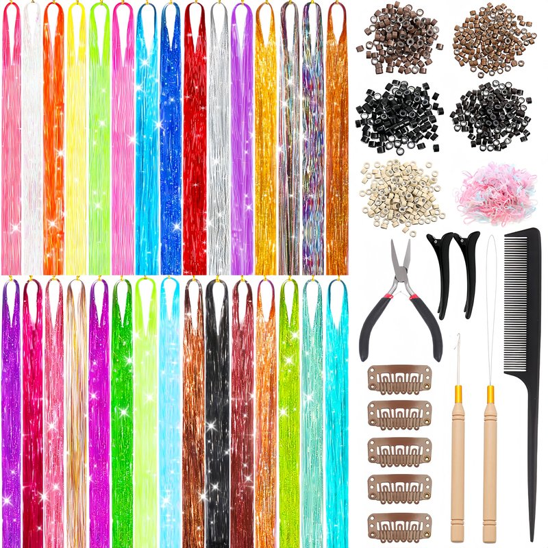 Hair Tinsel Kit, 30 Colors 48 Inch Glitter Tinsel Hair Extensions for Girls, 9000 Strands Sparkling Heat Resistant Fairy Hair Tinsel for Fourth of July Christmas Party Carnival Festival