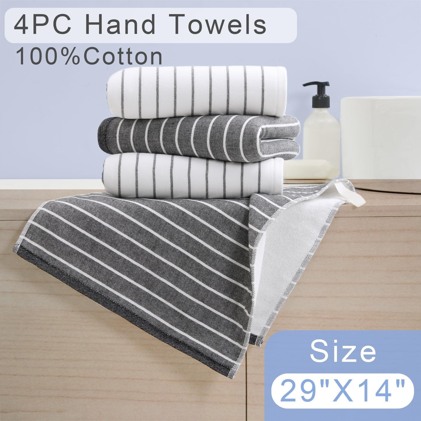 4-Pack Premium Cotton Hand Towels with Hanging Loops, 13x28 Inch – Ultra-Absorbent 450GSM Hand Towels for Bathroom, Soft Quick-Dry Face & Hand Towel Set, Durable Black & White Stripe Design
