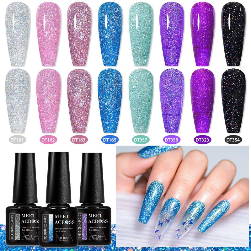 MEET ACROSS Glitter Gel Nail Polish Set for Nails 8 Colors Including Sparkly Shiny UV LED Soak Off Black Purple Pink Blue Gel Polish Kit Home DIY Manicure Nail Salon Varnish