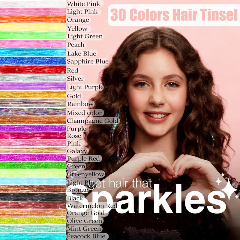 Hair Tinsel Kit, 30 Colors 48 Inch Glitter Tinsel Hair Extensions for Girls, 9000 Strands Sparkling Heat Resistant Fairy Hair Tinsel for Fourth of July Christmas Party Carnival Festival