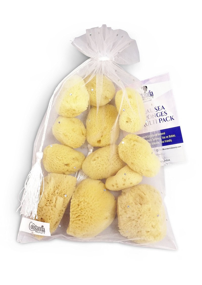 Constantia Beauty® Natural Sea Silk Sponges 12pack, use like Cotton Balls, Cosmetic Grade, Makeup Application Blending & Removal, Face & Eye Cleaning, Size 9pc x1.5"-2.5" 3pc x 2.5"-3" Reuseable Bag