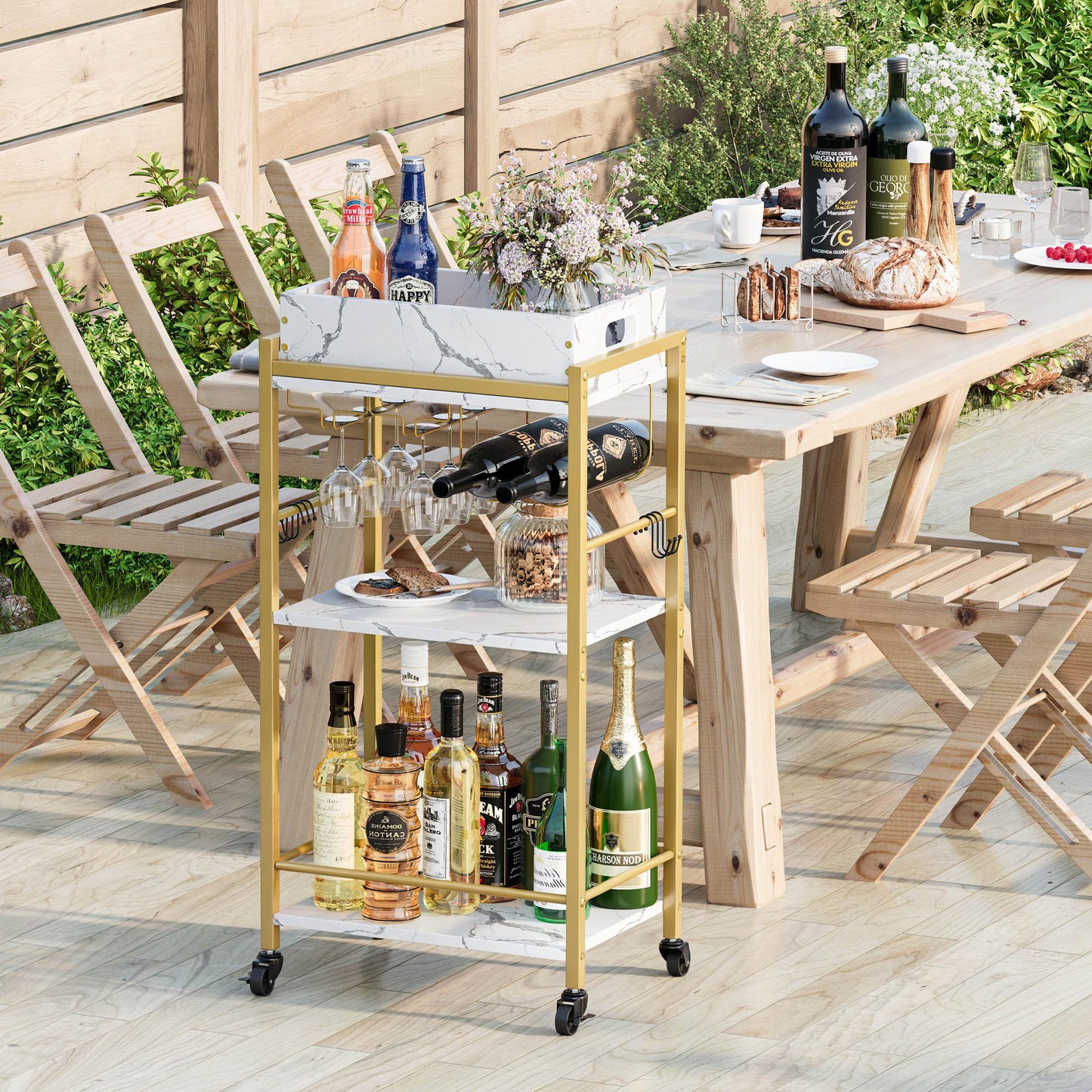 YAUKTAK 3-Tier Gold Bar Cart with Removable Tray, Small Bar Carts with Wheels, Rolling Beverage Cart, Drink Cart, Gold Wine Cart with Wine Rack for Kitchen, Living Room GBC513G