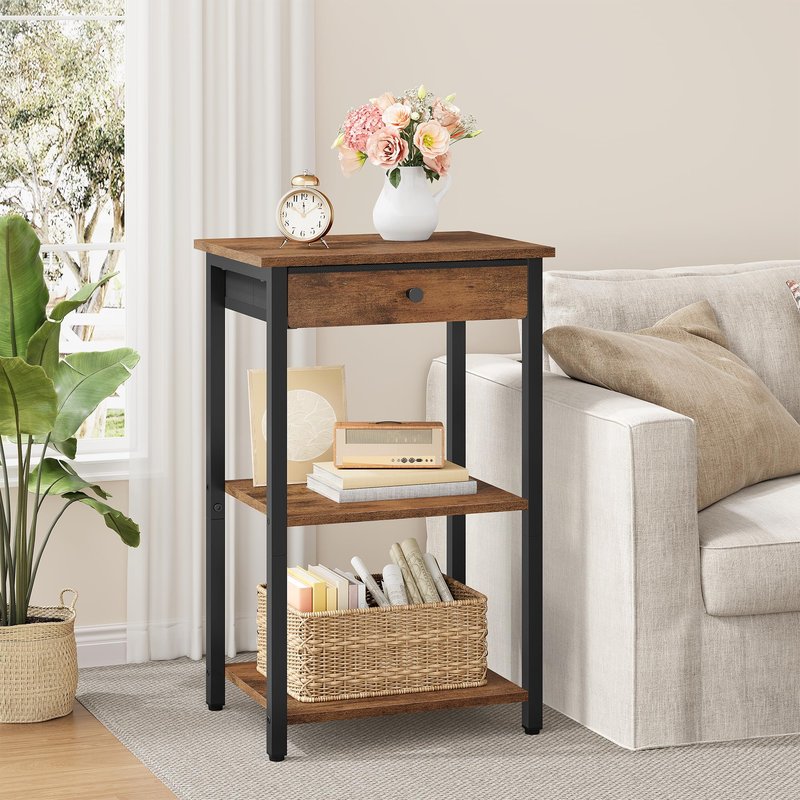 Gewudraw Printer Stand with Storage Drawer, 3-Tier Under Desk Printer Table, End Table for Home Office, Living Room, Bedroom, Brown