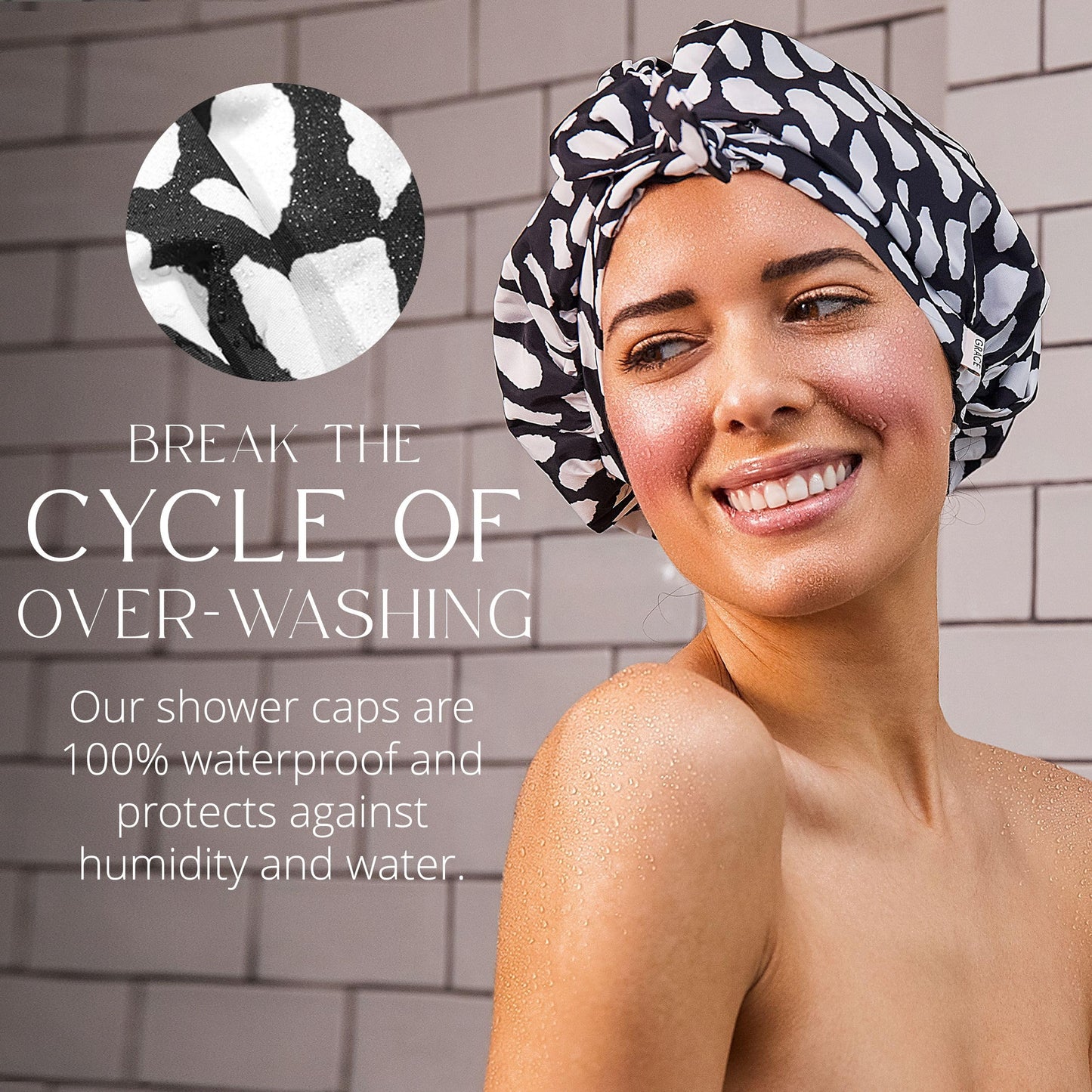 GRACE & COMPANY Luxury Shower Cap For Women - 100% Waterproof, Reusable, Washable & Breathable Shower Caps