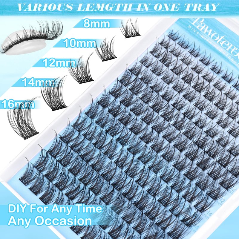 Pawotence Lash Clusters Kit Wispy Lash Extension Kit 8-16mm Natural Cluster Eyelash Extension Kit Individual Lashes 154pcs Eyelash Clusters with Lash Bond and Seal, Lash Tweezers for Self Use