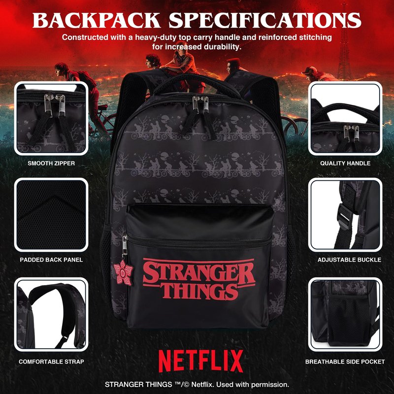 AI ACCESSORY INNOVATIONS Stranger Things Backpack with Character Graphic Pattern, Black, 16x12x5 Inches, Polyester, 3 Pockets, Water Repellent, Adjustable Straps, Padded Back