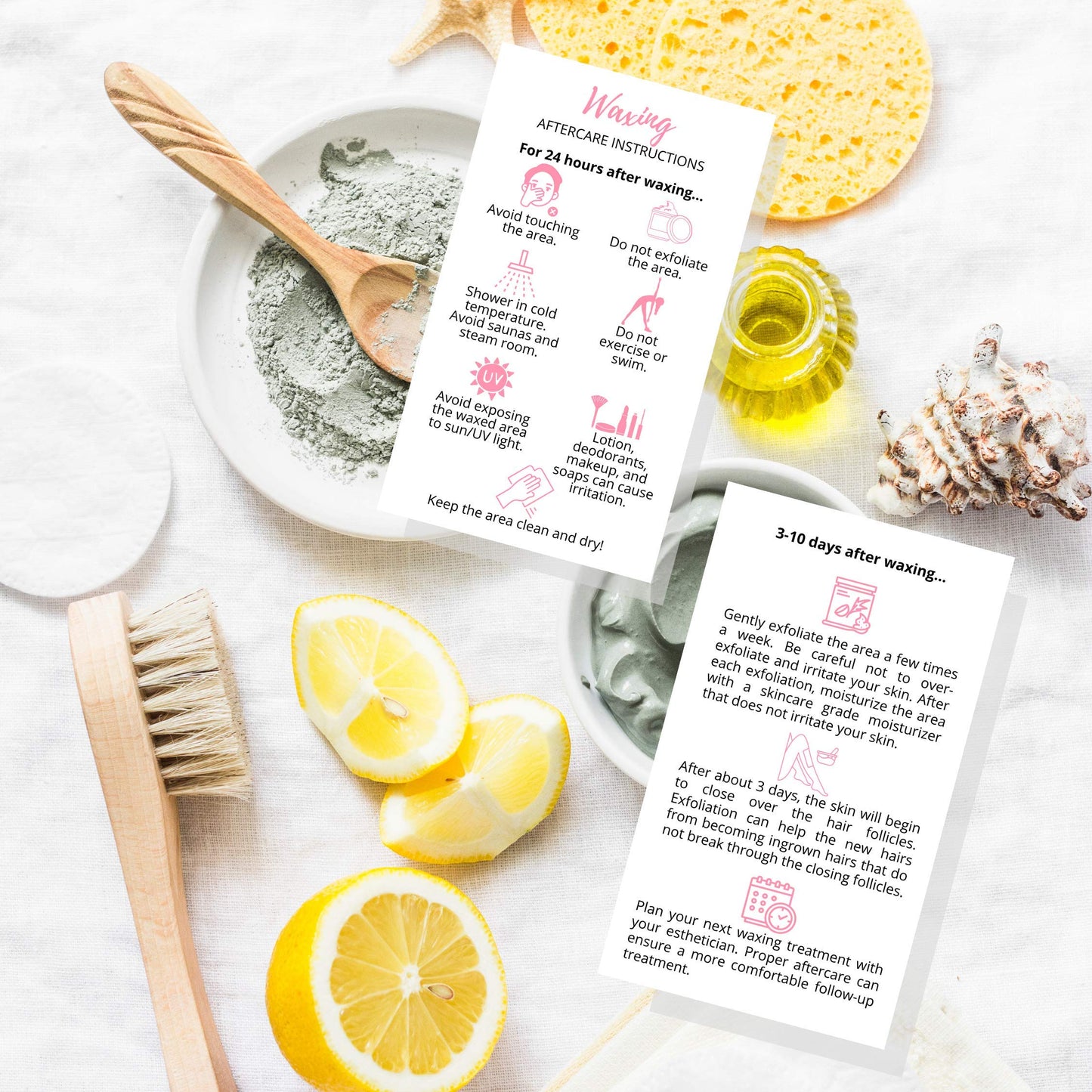Waxing Aftercare Cards | 50 Pack | Size 2 x 3.5” inches Business Card Size | Waxing Aftercare Kit Cards PMU | Aftercare Instructions White with Pink Icons Design