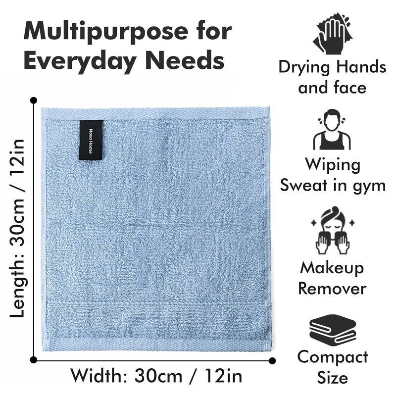 Novo Home Face Towels Pack of 12 – 100% Cotton Wash Cloths (12x12 inch) – Soft, Quick Dry & Highly Absorbent Hand Towels for Bathroom, Spa, Gym, Kitchen and for Daily Use - (Sky Blue)