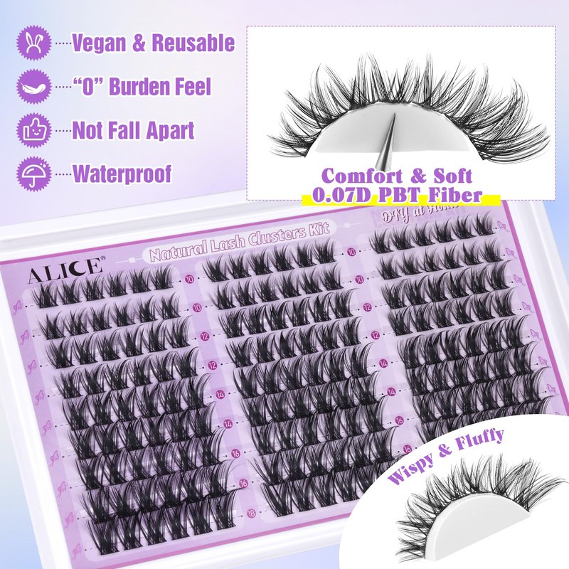 ALICE Wispy Lash Clusters Kit Natural Fluffy Lash Extension Kit Cluster Eyelash Extension Kit 162pcs C Curl 10-18mm Eyelash Clusters with Lash Glue Bond and Seal Lash Tweezers