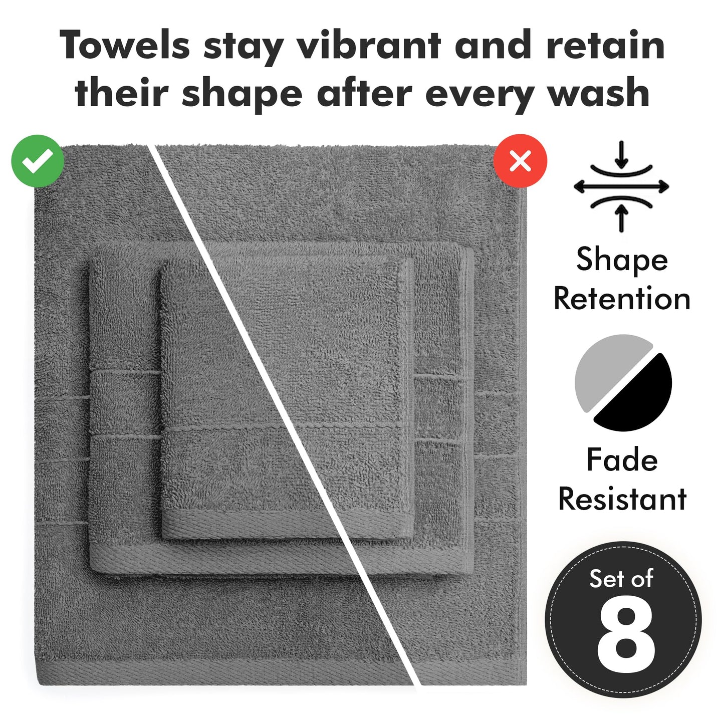 Novo Home Bath Towels Set of 8 – 100% Cotton (Dark Grey) Bathroom Towel Set Bale Includes 2 Bath, 2 Hand, 4 Face Towels – Soft, Absorbent & Quick Dry Towel for Bathroom, Spa, Kitchen, Hotel Use