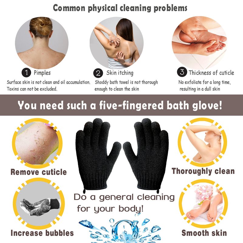 MIG4U Exfoliating Shower Gloves for Bath, Premium Nylon Body Wash Bathing Gloves for Men Women Spa, Massage and Skin Scrub, Dead Skin Remover with Hanging Loop, Black, Regular Size 1 Pair