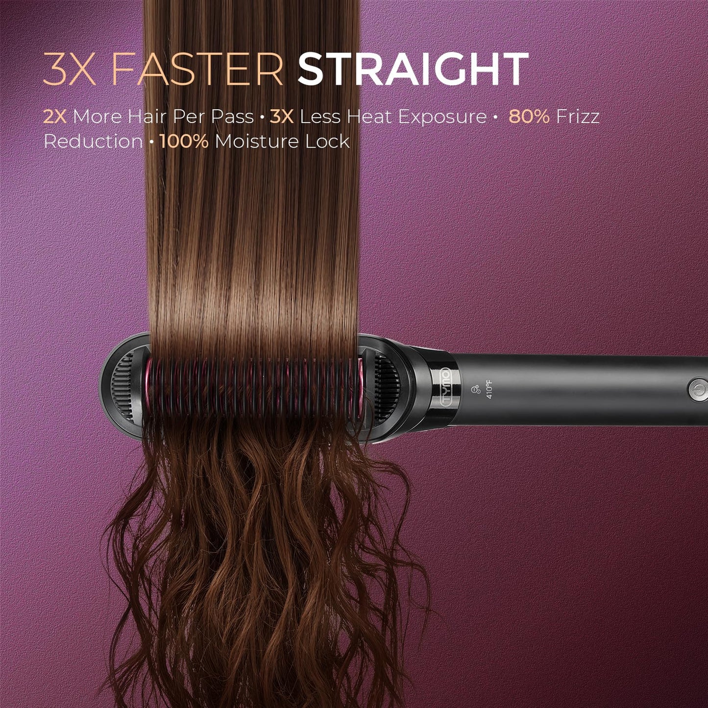 TYMO Flat Iron Hair Straightener Brush 2 in 1, 200M Ions Hair Straighteners for Women, Ceramic Straightening Hot Comb for Anti-Frizz Straights, Waves, Curl, 3X Less Heat Damage, Dual Voltage, Black