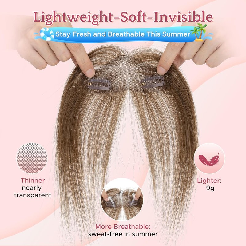 Clip-In Side Bangs Real Human Hair - Hand-Tied, Invisible Edges, Breathable Fluffy Hair Pieces | Medium Brown