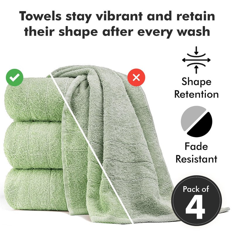 Novo Home Bath Towels Set of 4 – 100% Cotton Light Green Extra Large Towels for Bathroom, Spa Use (55x28 in) – Super Soft and Quick Dry Large Bath Sheets for Adults