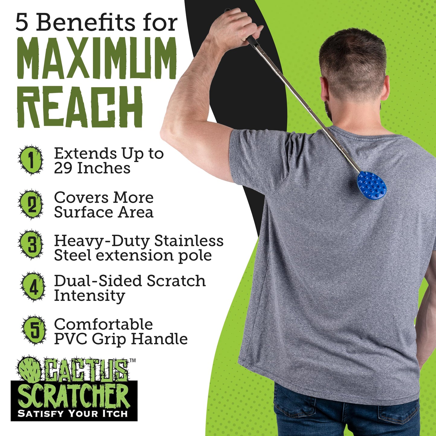 Cactus Scratcher Back Scratcher Extendable Extends 29" Long Double Sided Retractable Scratching Tool for Hand, Neck, Head, and Body - Universal Gift for Family, Pets, and Friends, Big Stick, Blue