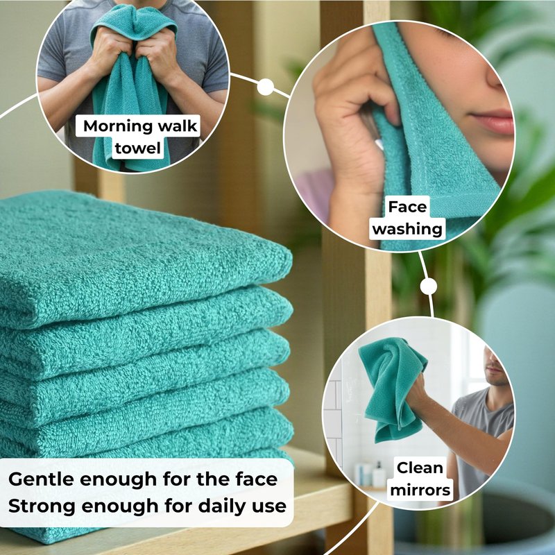LIVINATI Turquoise 100% Cotton Wash Cloths for Showering Body and Face - 12"X12" 6 Pack Washcloths - Small Terry Towel Bath Rags for Adults and Kids Bathroom - Soft Absorbent