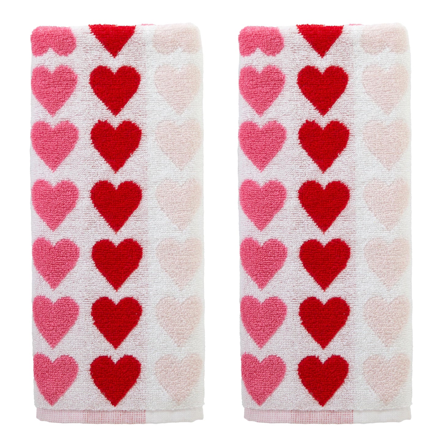 SKL Home Valentine's Tonal Hearts Jacquard 100% Cotton Reversible 2pc Hand Towel Set, Decorative for Bath/Kitchen/Bar & Gift, Pink