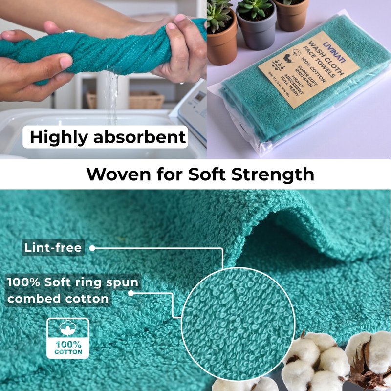 LIVINATI Turquoise 100% Cotton Wash Cloths for Showering Body and Face - 12"X12" 6 Pack Washcloths - Small Terry Towel Bath Rags for Adults and Kids Bathroom - Soft Absorbent