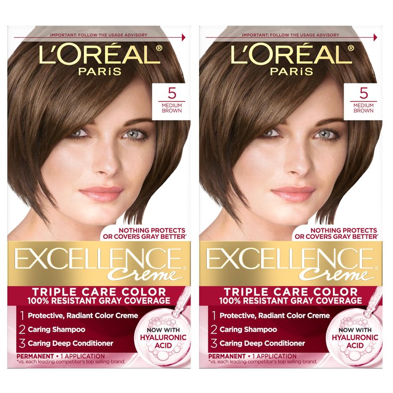 L'Oreal Paris Excellence Crème Permanent Hair Dye, Triple Care Hair Color with Hyaluronic Acid for 100% Gray Coverage, 5 Medium Brown, 1 Kit (Pack of 2) (Packaging May Vary)