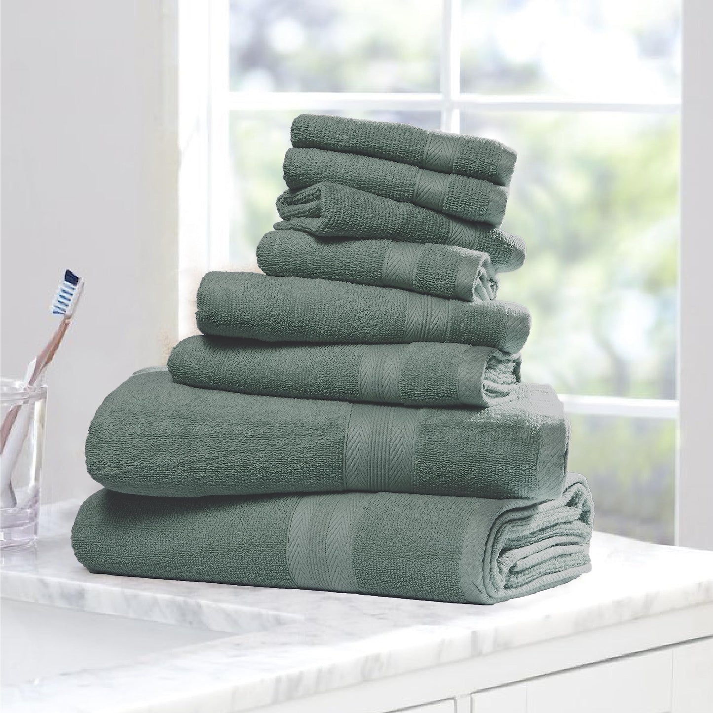 BOUTIQUO 8 Piece Towel Set 100% Ring Spun Cotton, 2 Bath Towels 27X54, 2 Hand Towels 16X28 and 4 Washcloths 13X13 - Ultra Soft Highly Absorbent Machine Washable Hotel Spa Quality - Jade