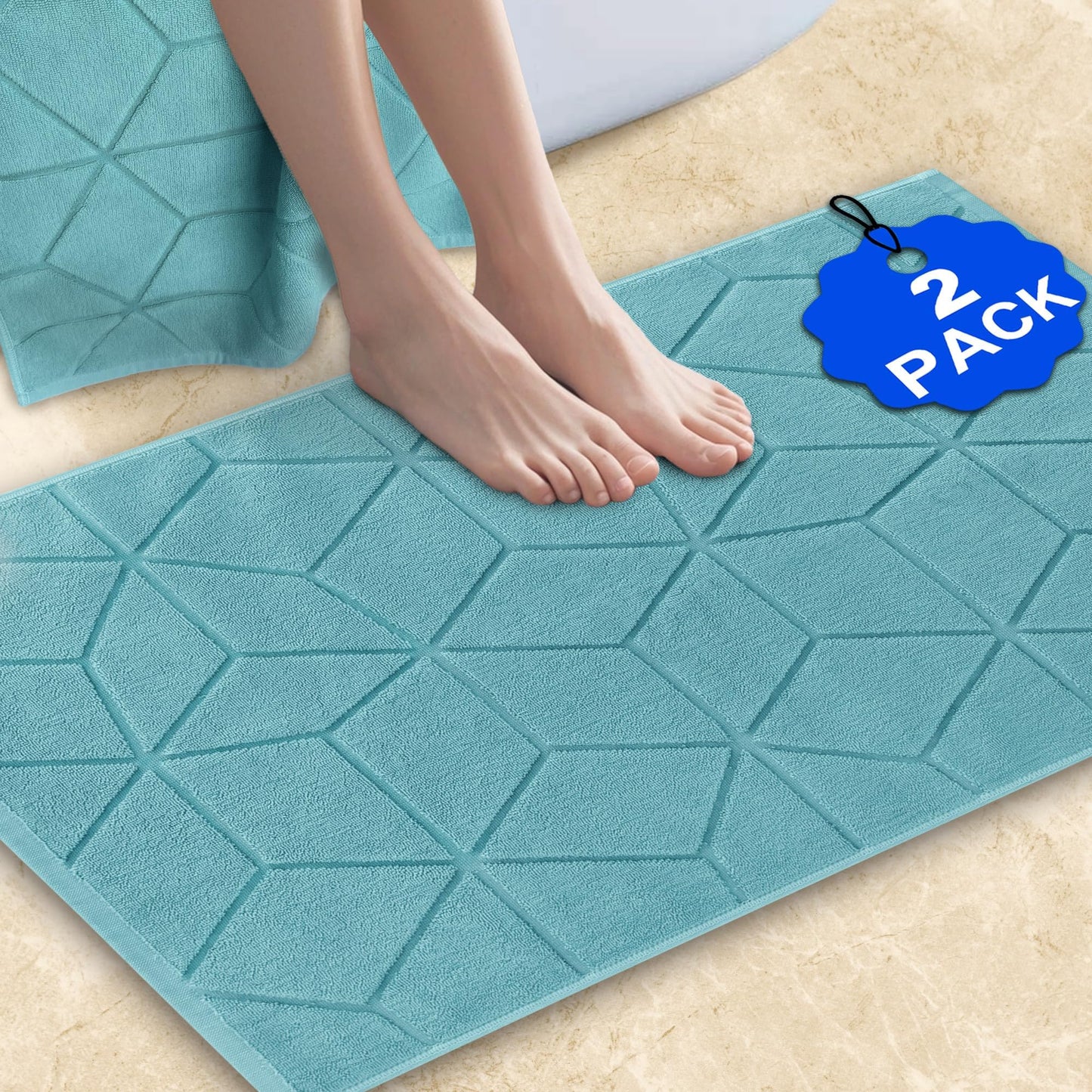 VOOVA & MOVAS Aqua Bath Mat Towels 2Pack- 100% Cotton-Thick 1100GSM - Towel Bathmat for Bathroom Floor, 19"x30", Soft | Absorb | Washable, Teal Terry Cloth Mats for Bathroom