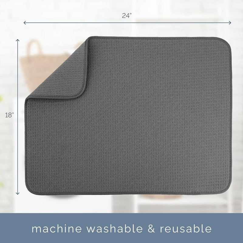 Dish Drying Mat XL - Absorbent Microfiber Kitchen Counter Pad | 18” x 24” | Charcoal Color