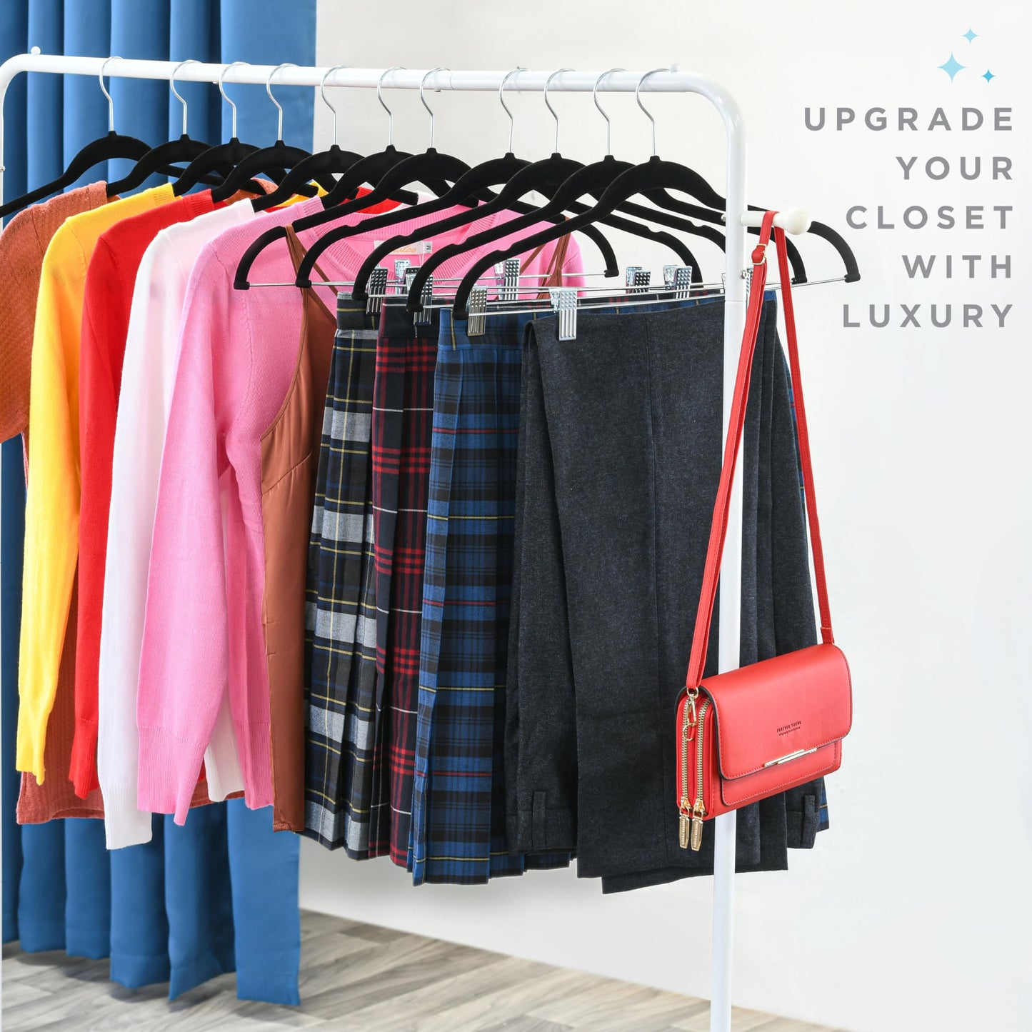 Home-it Pants Hangers With Clips 10 Pack - Black Velvet Non Slip Space-Saving for Pants, Skirts, Coats, Dresses, Tank Tops, Clothes - Felt Ultra Thin
