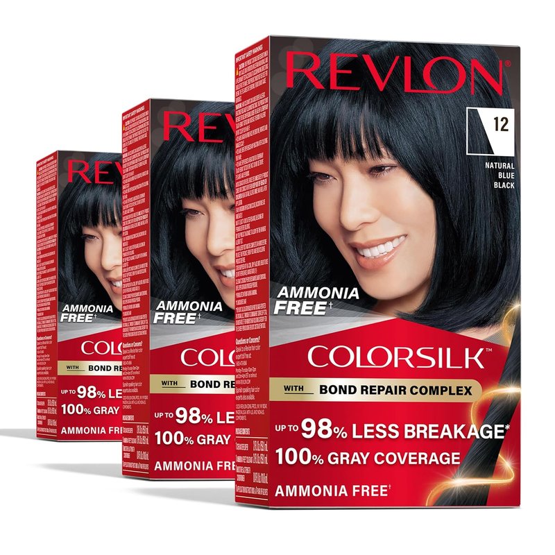 Revlon ColorSilk Permanent Hair Color - 100% Gray Coverage, Ammonia-Free, Vegan Keratin | Black, Pack of 3