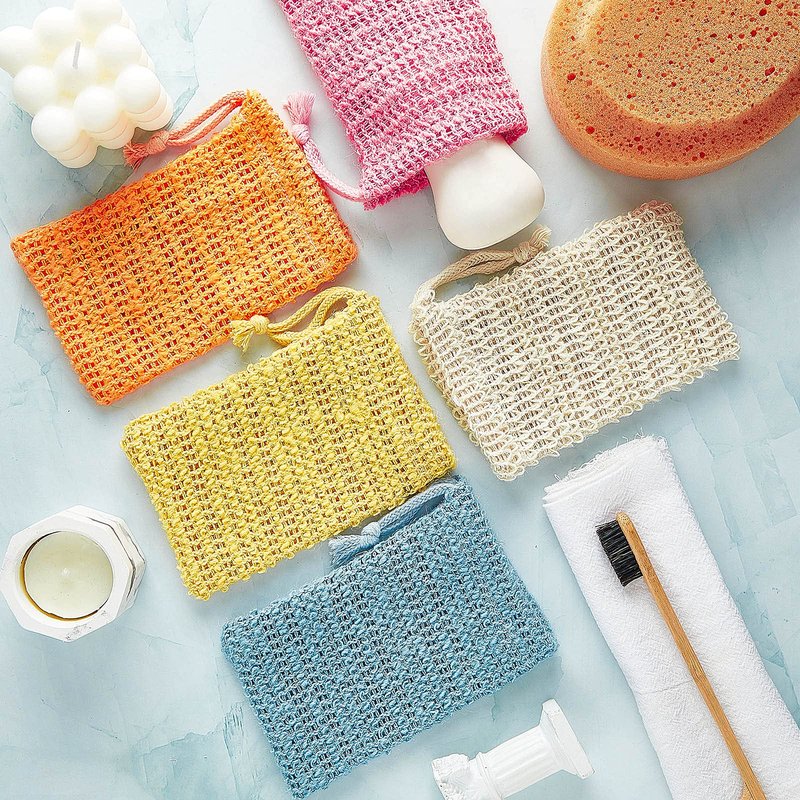 BBTO 5 Pieces Soap Saver Bag Cotton Linen Exfoliating Soap Pouch for Foaming and Drying, Shower, Scrubber(9 x 14 cm,White, Pink, Blue, Yellow, Orange)