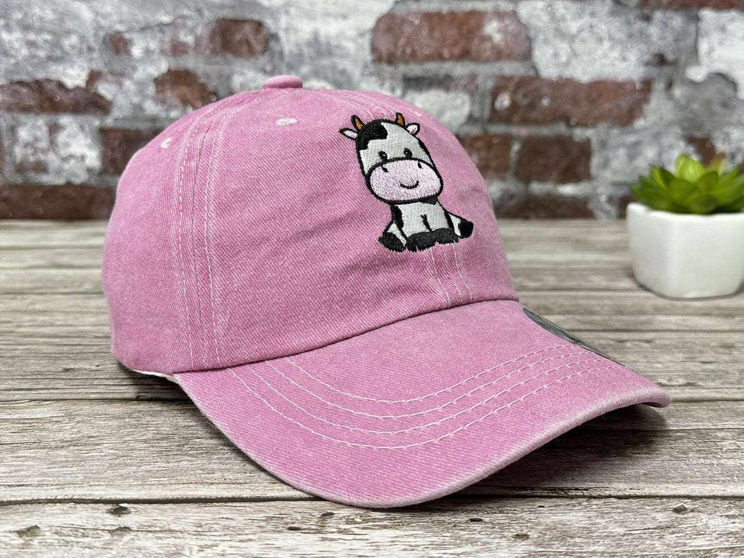 Hepandy Embroidered Cute Cow Hat for Girl, Washed Pink Baseball Cap for Kids, Embroidery Adjustable Trucker Hats for Child