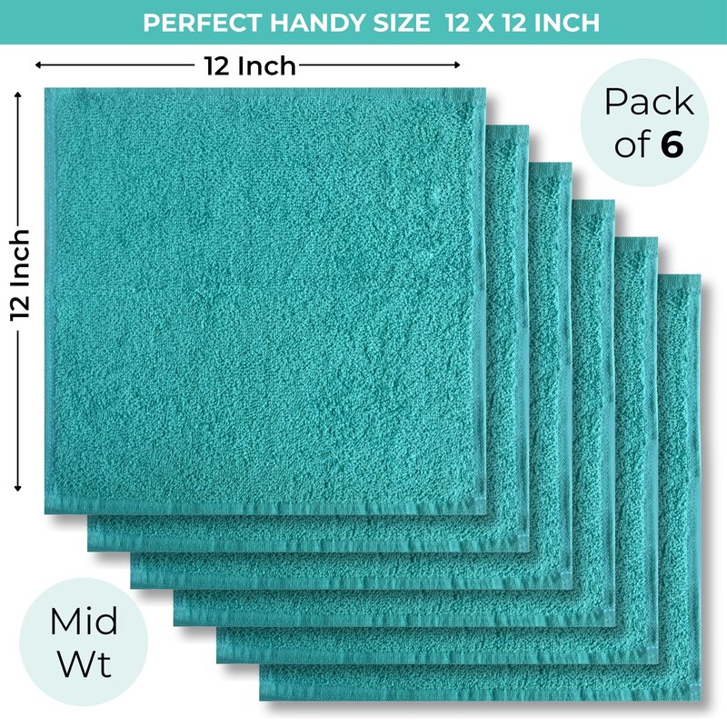 LIVINATI Turquoise 100% Cotton Wash Cloths for Showering Body and Face - 12"X12" 6 Pack Washcloths - Small Terry Towel Bath Rags for Adults and Kids Bathroom - Soft Absorbent