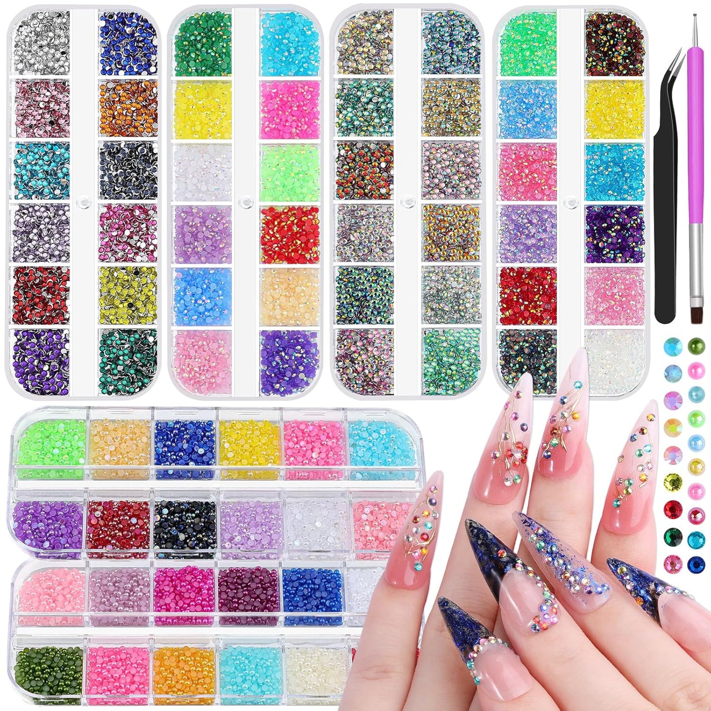 Skiennix Nail Art Rhinestones Kit - 6 Boxes of 2mm Mixed-Color Flatback Pearls with Tweezers & Brush
