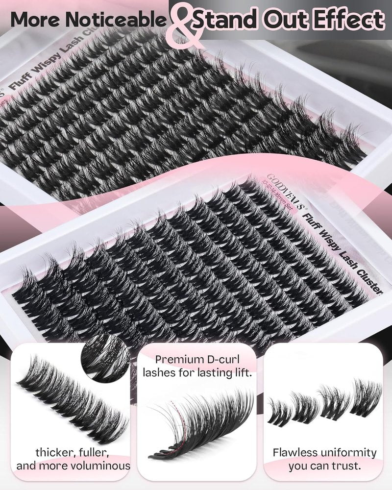 Goddvenus D Curl Fluffy Lash Clusters Kit – 144 PCS Thick Eyelashes Clusters, 10-18mm Wispy Lash Extension Natural Look, Waterproof Cluster Eyelash Extensions Kit for DIY False Eyelashes at Home