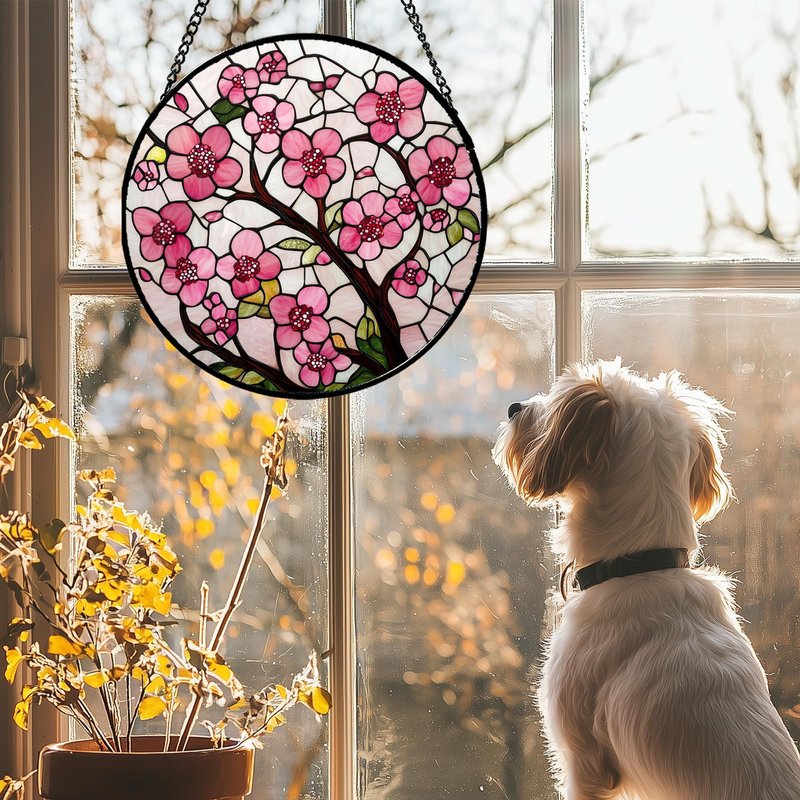 CRISGIF Stained Glass Window Hanging - Cherry Blossoms Birth Flower Suncatcher for Door Garden Patio Sun Catchers Decor Christmas Mother's Day Birthday Gifts for Women Mom Nana Friend Wife 6.3 in