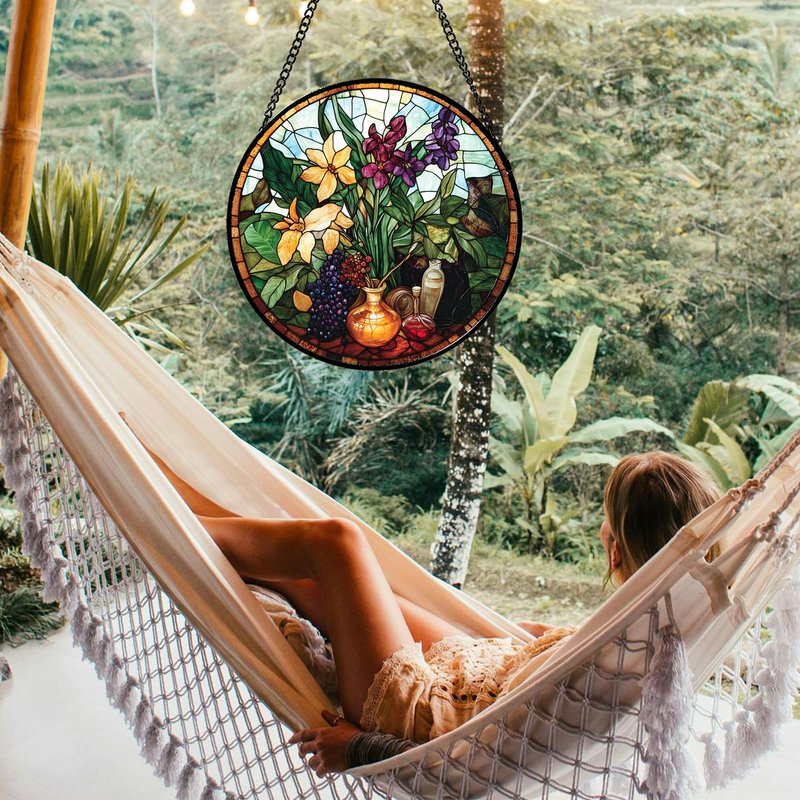 QZQCBLC Stained Glass Window Hanging Berry Plant Purple Yellow Flowers in Vase 7.8" - Suncatcher Door Garden Sun Catcher Home Decor Birthday Christmas for Mom Men Woman Nana