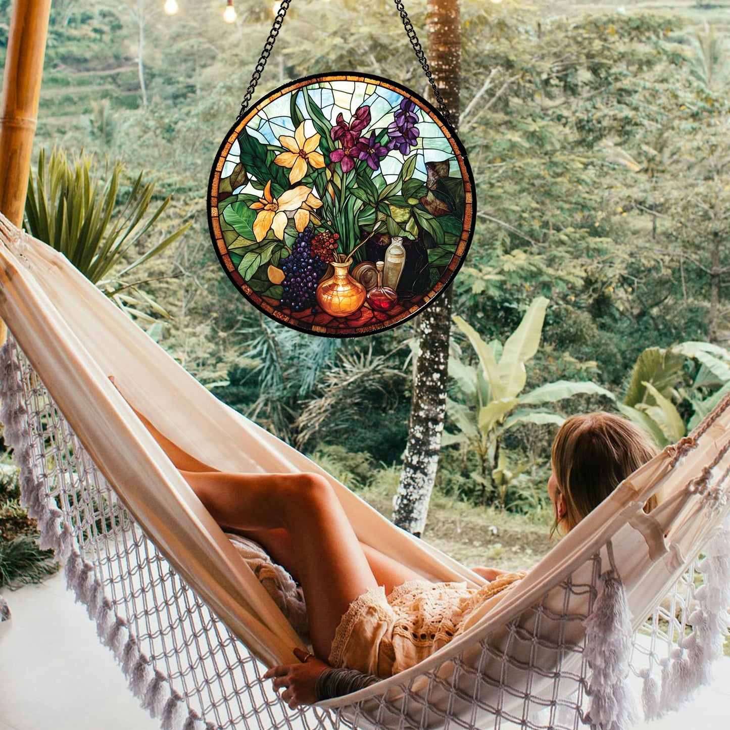QZQCBLC Stained Glass Window Hanging Berry Plant Purple Yellow Flowers in Vase Large 11.8" - Suncatcher Door Garden Sun Catcher Home Decor Birthday Christmas for Mom Men Woman Nana