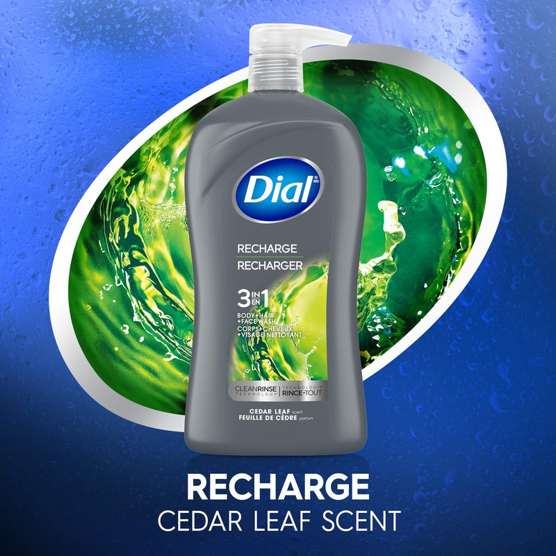 Dial Men 3 in 1 Body, Hair and Face Wash, Recharge, 32 Fl Oz, Cedar Leaf Scent, Cleanses Deep + Gentle on Skin with Clean Rinse Technology