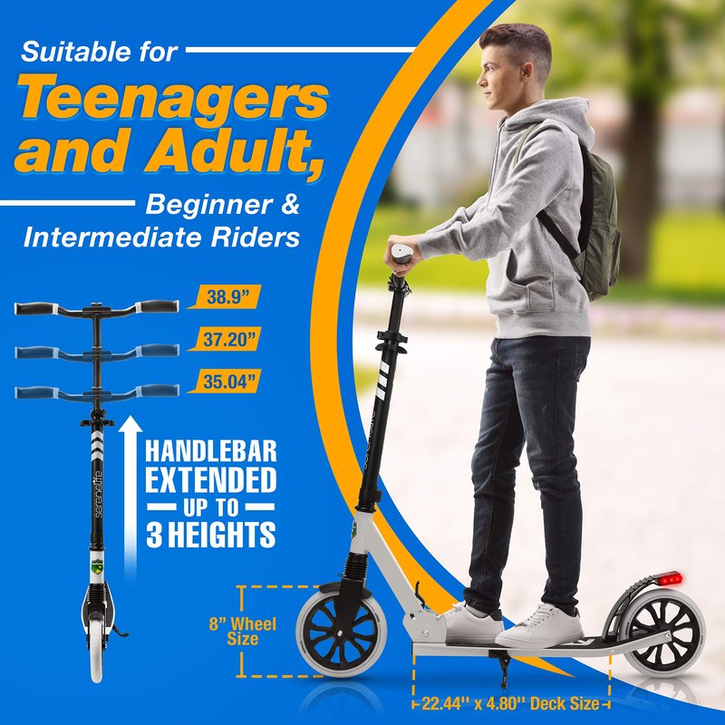 SereneLife Foldable Kick Scooter - Stand Kick Scooter for Teens & Adults with Rubber Grip at Tip, Alloy Deck, Adjustable T-Bar Handlebar Height, Smooth Gliding Wheels, Easy Maneuvering (Black & White)
